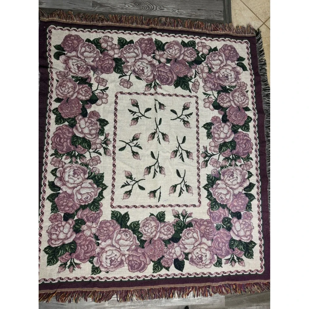 Vintage Woven Tapestry Throw Blanket Purple Rose Floral Fringed Cottagecore Boho